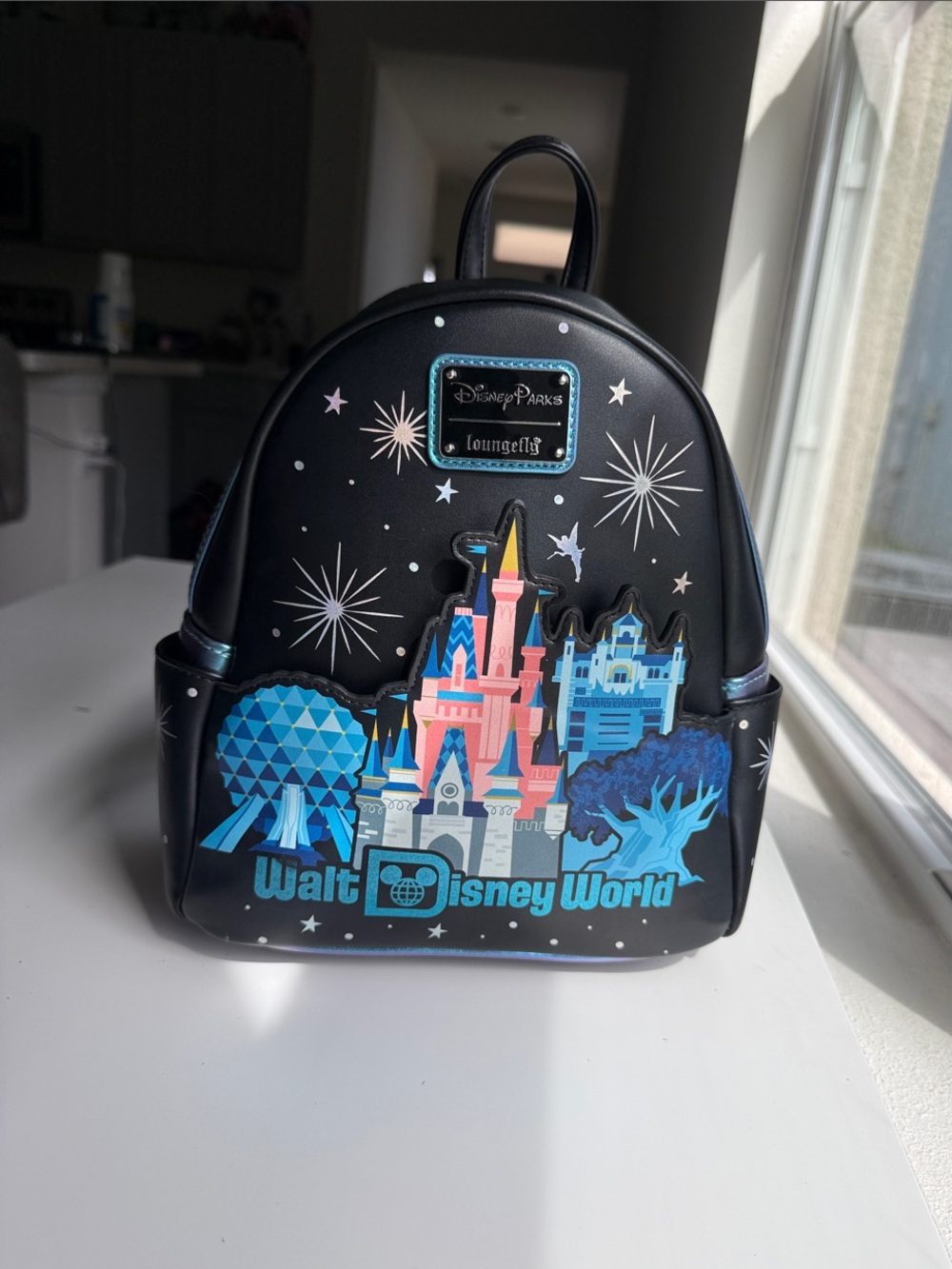 Loungefly Black Walt Disney World Icon Mini Backpack with Blue and Pink Accents